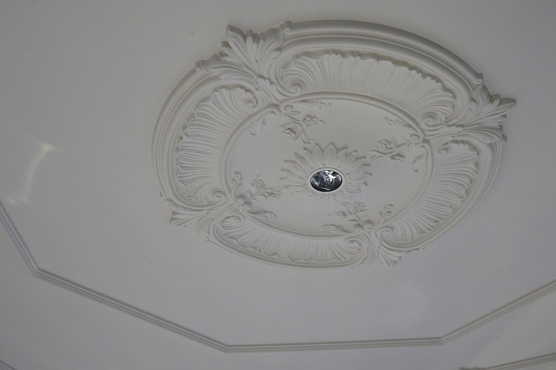 Rosone decorativo con dettagli scolpiti, che valorizza la decorazione architettonica del soffitto.