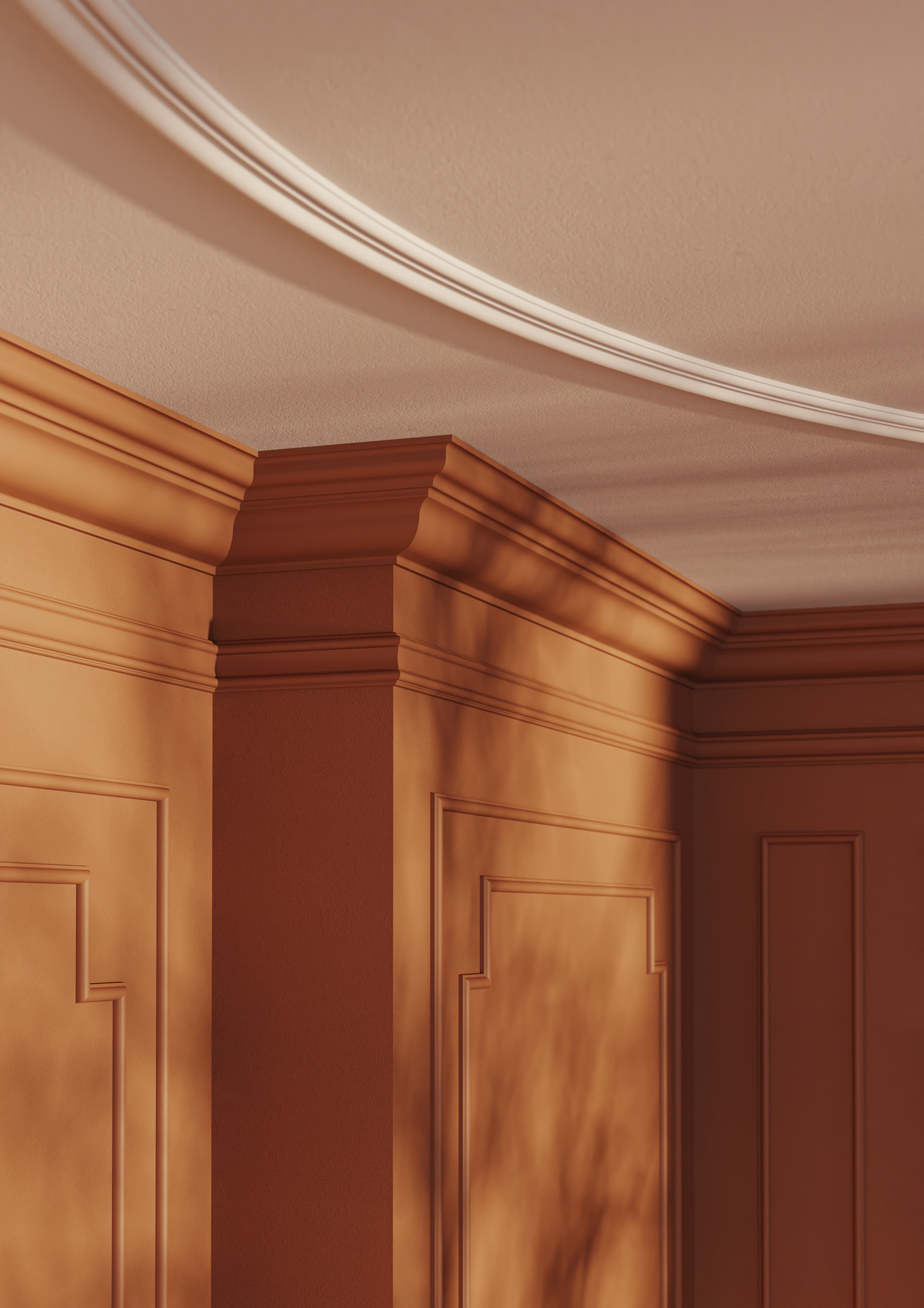 Cornici decorative che delineano il perimetro della stanza e valorizzano la struttura architettonica del soffitto.