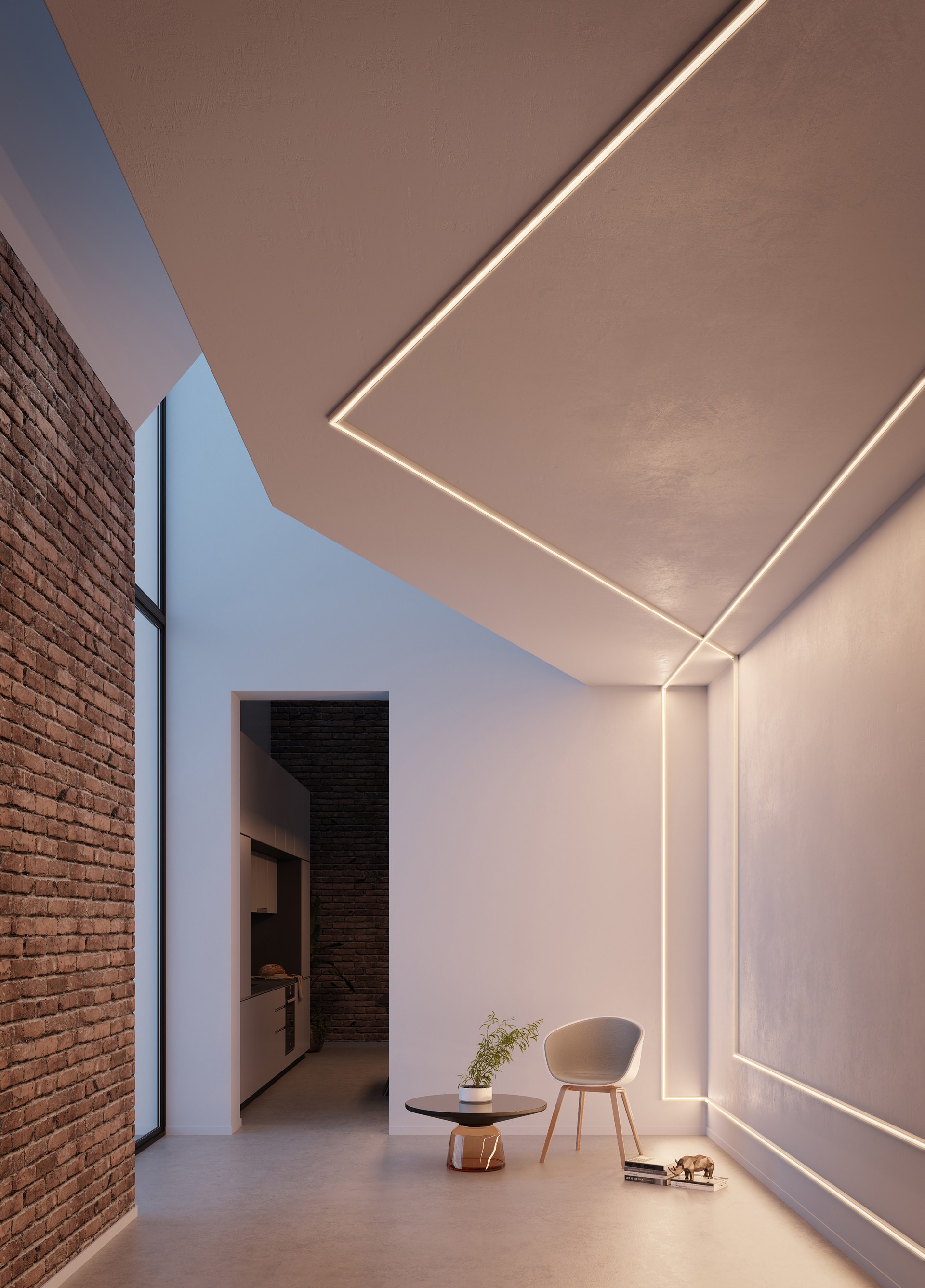 Cornici per illuminazione integrate che delineano pareti e soffitto, creando un raffinato progetto di illuminazione architettonica.