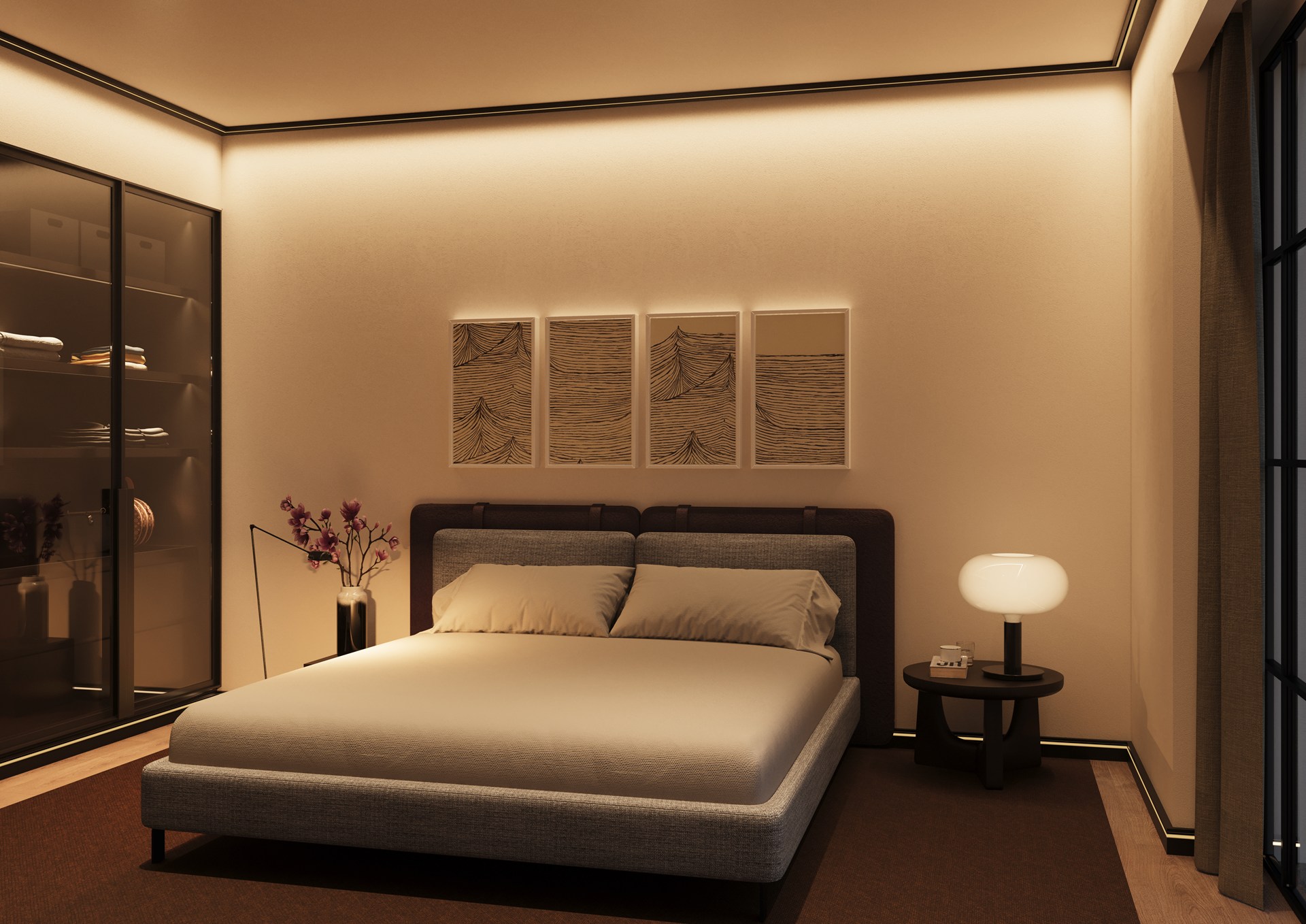 Cornici per illuminazione integrate che delineano il perimetro del soffitto, creando una luce d'ambiente morbida e indiretta.