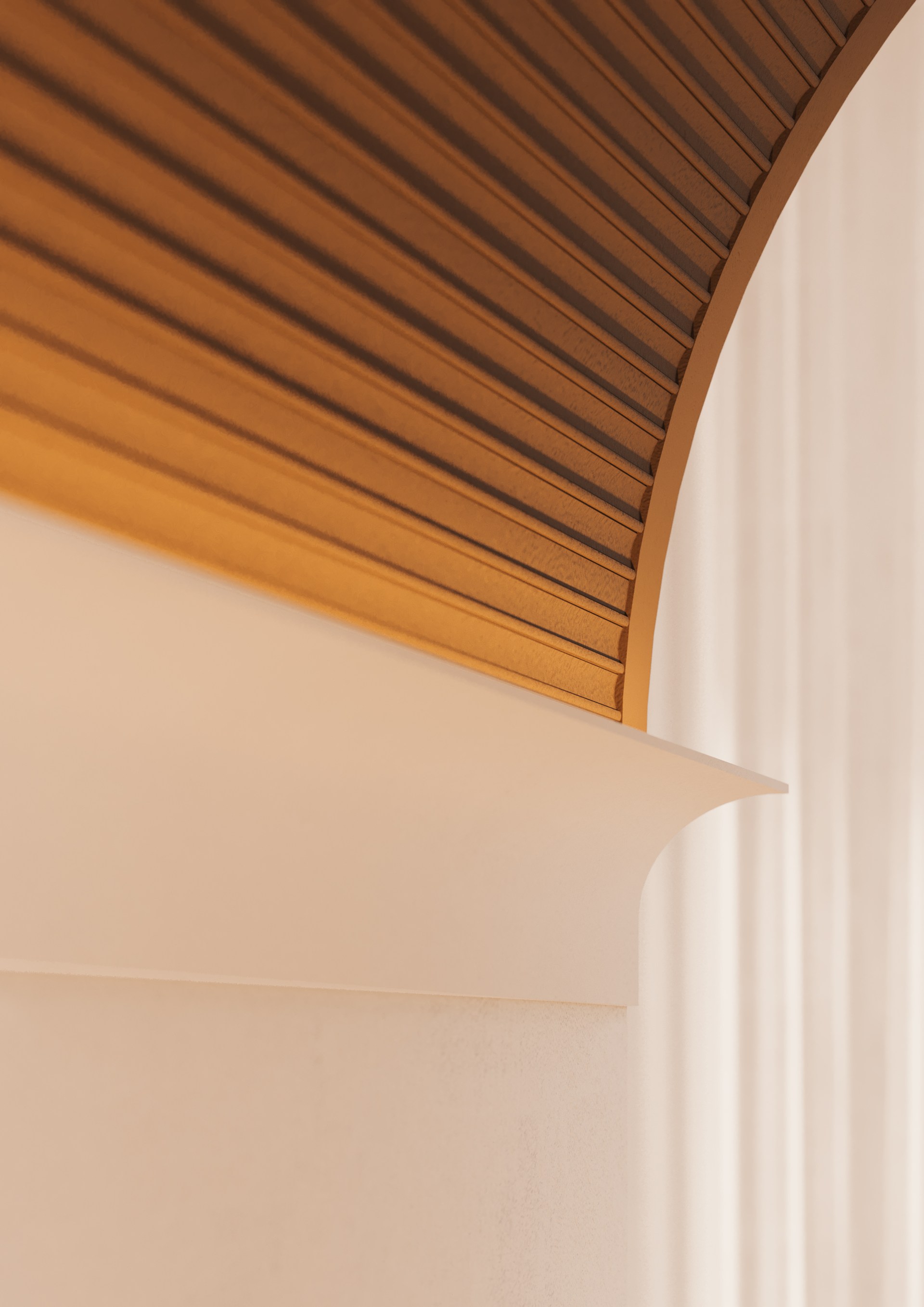 Pannelli a parete applicati al soffitto, che creano una superficie architettonica curva dalla texture raffinata.