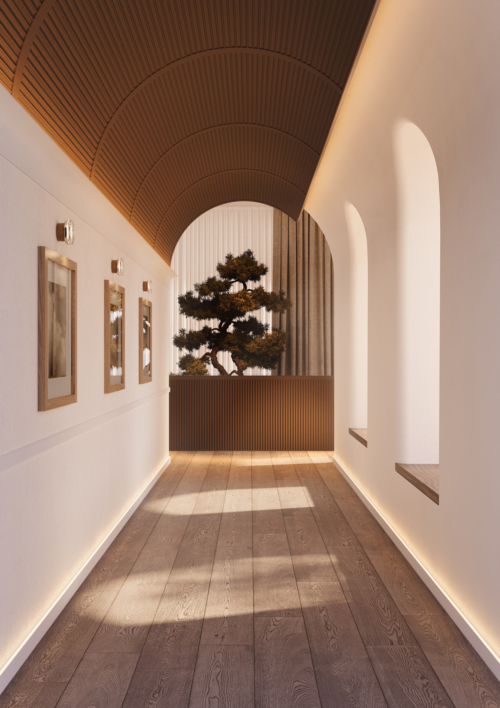 Pannelli a parete applicati al soffitto, che formano una superficie curva caratterizzata da un marcato ritmo architettonico.