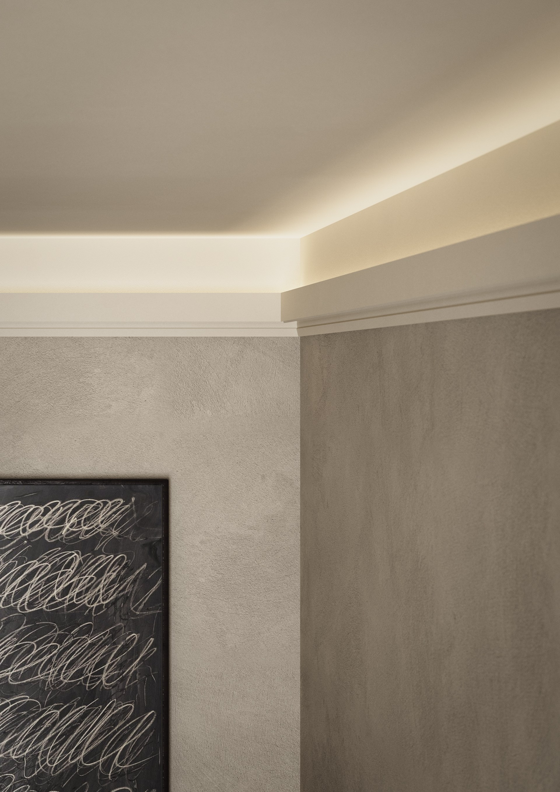 Profilo di illuminazione a soffitto integrato che crea un'illuminazione morbida e indiretta lungo il bordo del soffitto.